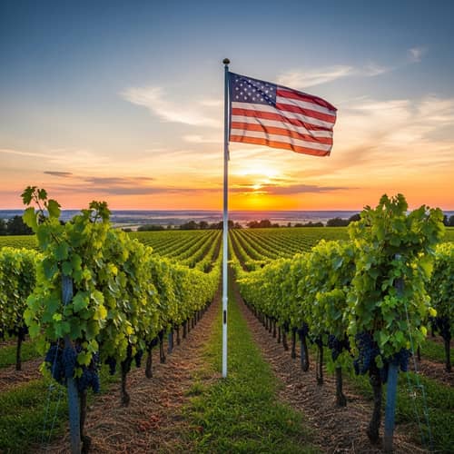 Serene Vineyard Landscape with Flagpole | Sunset Glow View