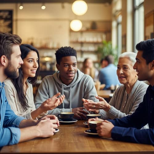Diverse Group Engaged in Lively Conversation | Cafe Scene