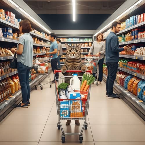 Cat Shopping in Supermarket: Funny Domestic Scene