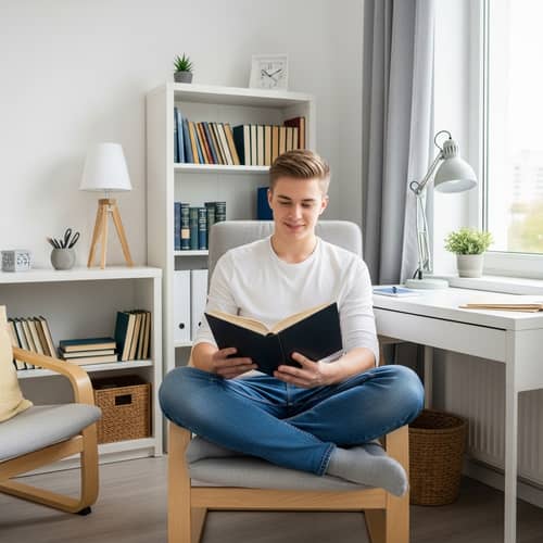 Cozy Room Portrait: Transexual Teen in Bookish Bliss