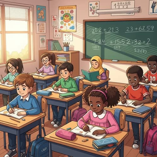 Colorful Classroom with Diverse Group of Kids Learning Together