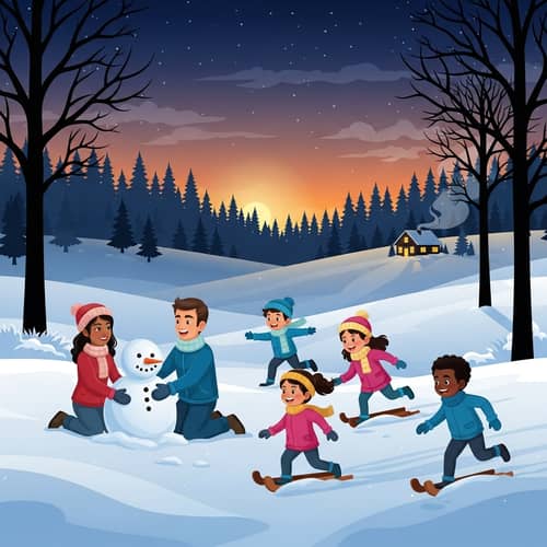 Snowy Landscape Evening Scene with Tree Silhouettes and Happy Figures
