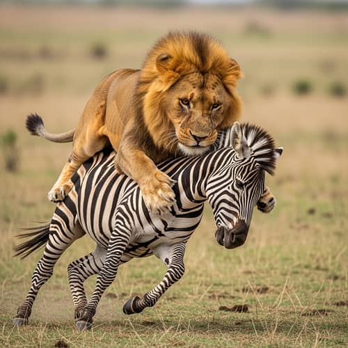 Wild African Lion Preying on Zebra - Intense Wildlife Scene