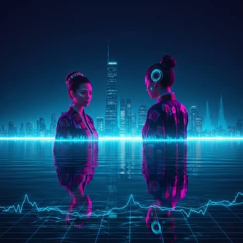 Cyberpunk Woman Reflecting in Neon Sea | Futuristic Wonder