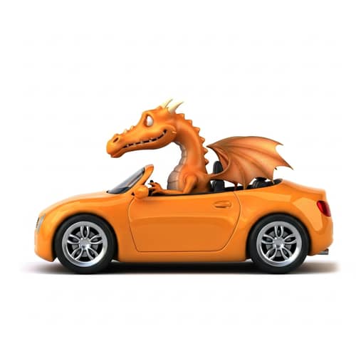 Expressive Orange Dragon Behind the Wheel of a Contemporary Car