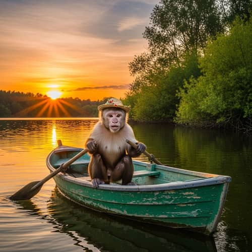 Monkey in Boat | Serene Lakeside Scene