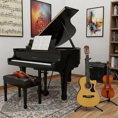 Creative Music Room with Piano, Guitar & Violin