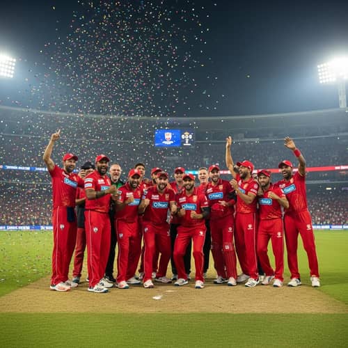 Jubilant Multicultural Cricket Team Celebration on Floodlit Pitch