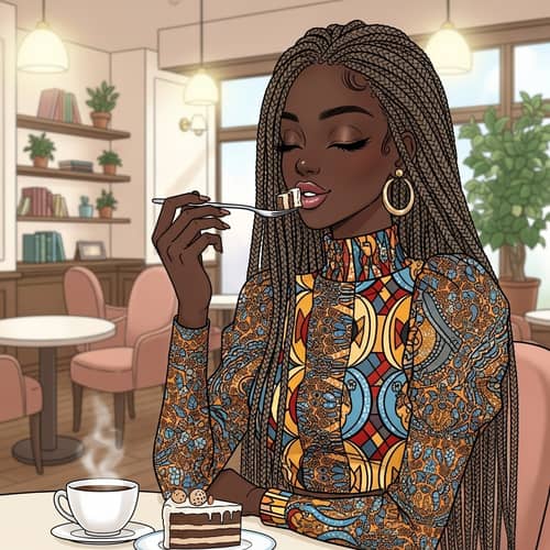 Chic Manga Style Black Girl Enjoying Cake in Cozy Cafe