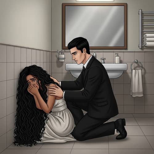 Distressed Woman Comforted by a Man in Bathroom
