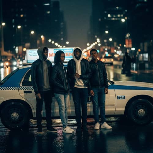 Moody Urban Night: Black Teenagers by Taxi Cab