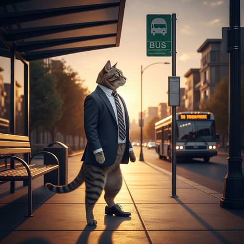 Sophisticated Cat Waiting at City Bus Stop