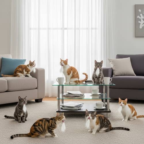 Colorful Cats Regurgitating in Cozy Living Room