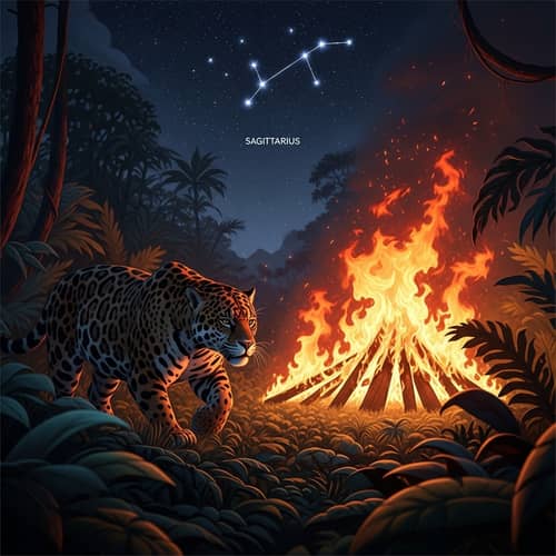 Muscular Jaguar Prowling Through Jungle Amid Fiery Flames and Sagittarius Constellation
