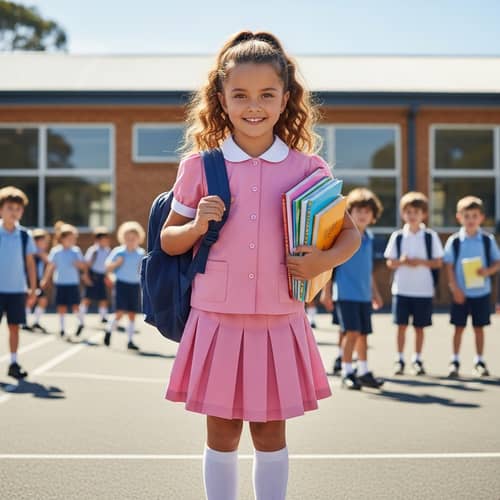 Seven-Year-Old Nordic Schoolgirl in Pink Uniform | Excitement for Learning