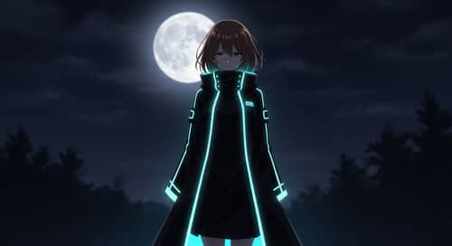 Luminous Cyan Long Jacket-Coat Anime Girl | Moonlight Scene