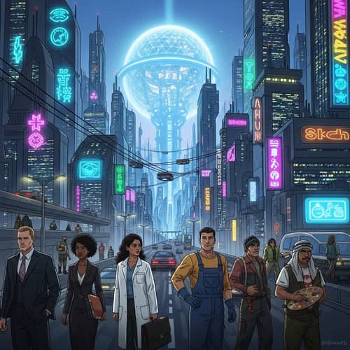 Futuristic Cybernetic Cityscape - Techno Skyscrapers & Diverse People