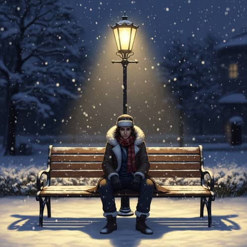 Middle-Eastern Character Sitting on Bench under Street Lamp in Winter