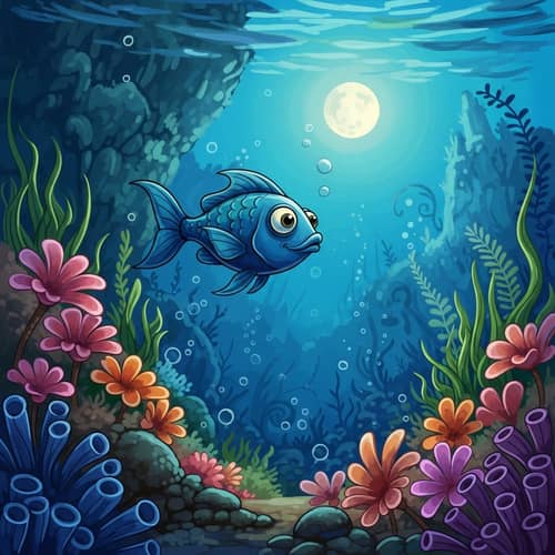 Whimsical Blue Fish Swimming Towards the Moon