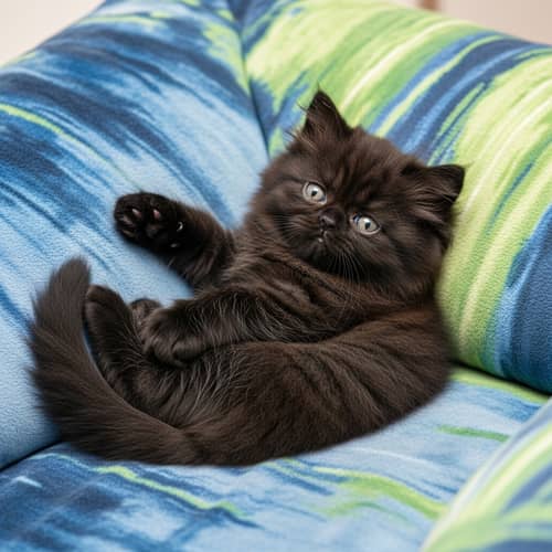 Fluffy Black Persian Kitten on Soft Plush Cushion