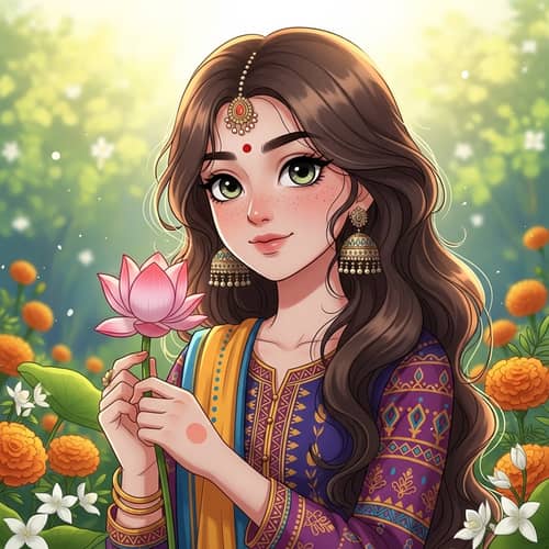 Young Indian Girl in Traditional Outfit Holding Lotus Flower