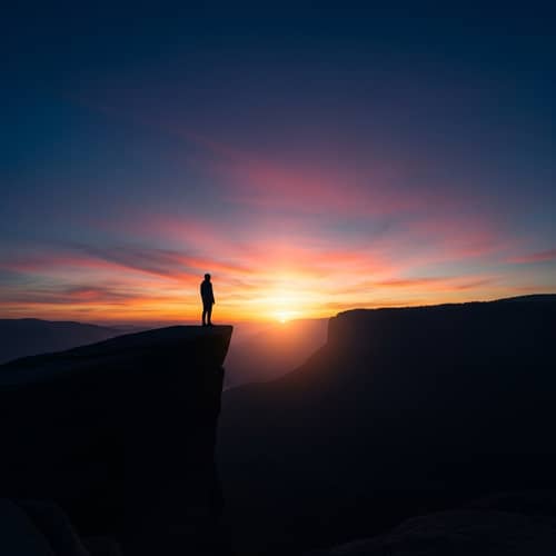 Solitary Figure on Cliff at Sunrise - Awe-Inspiring Landscape View