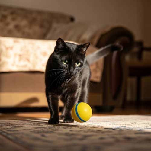 Midnight Black Cat Playing with Yellow Rubber Ball