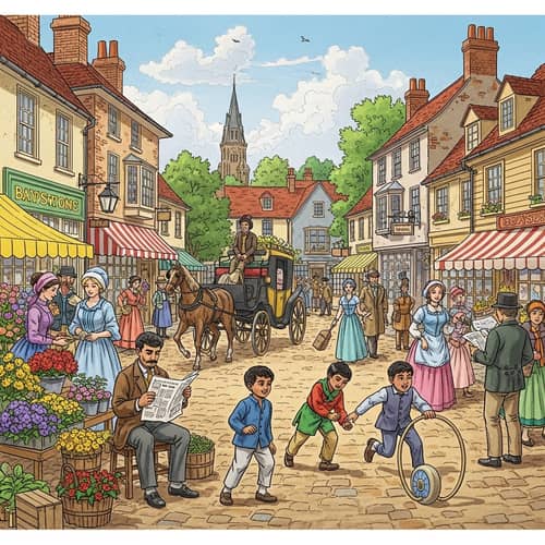 Vibrant Historical Town Square with Diverse Activities
