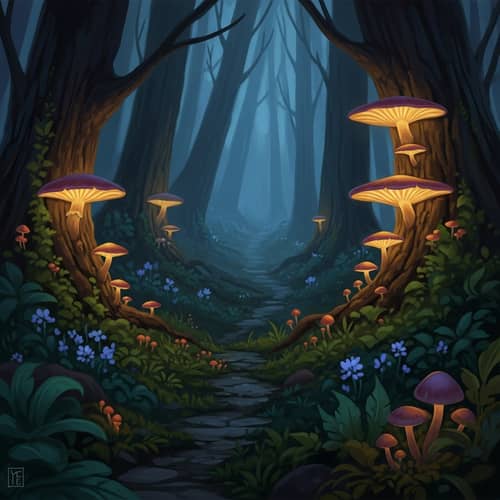 Mystical Forest Scene with Glowing Mushrooms | Enchanting Fantasy Art
