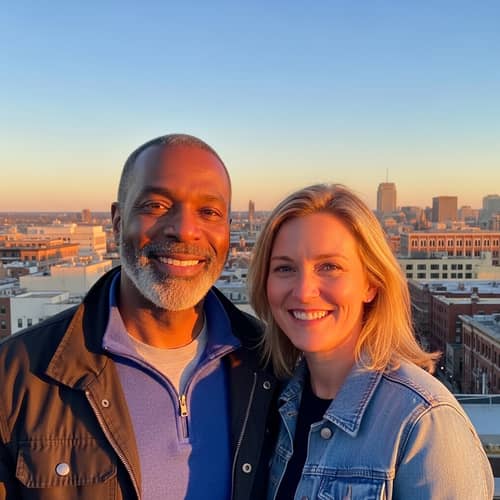 Urban Friendship Moment at Sunset with Diverse Couple