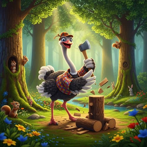 Friendly Ostrich Chopping Wood in Lively Forest | Fun for Kids