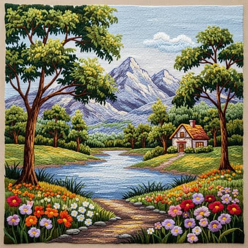 Detailed Embroidery Artwork of Countryside Scenery | Thread Painting