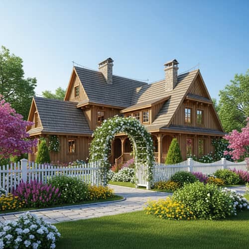 Traditional Picturesque Home with Wooden Architecture and Lush Gardens