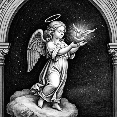 Gothic Art Charcoal Illustration with Angel Releasing Dove