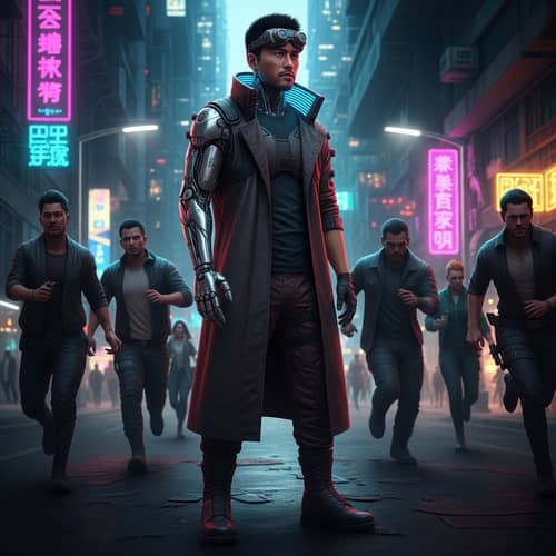 Cyberpunk Scene: Man with Mechanical Prosthetic Arm in Futuristic City