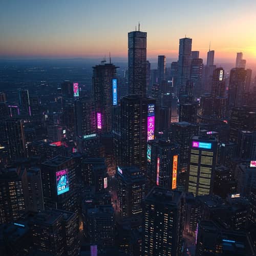 Futuristic Cyberpunk Cityscape at Sunset