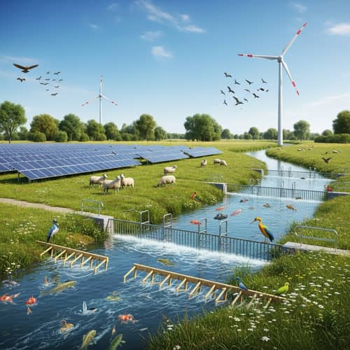 Sustainable Energy Landscape with Solar Panels and Wind Turbine