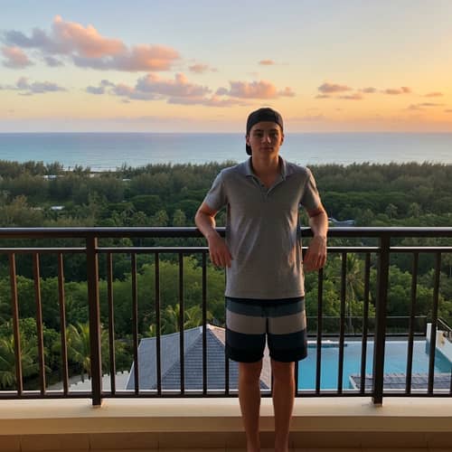 American Teenager with Ripped Abs at Luxury Hotel Balcony