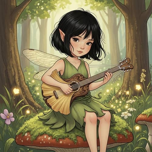 Petite Fairy Girl Strumming Guitar Illustration