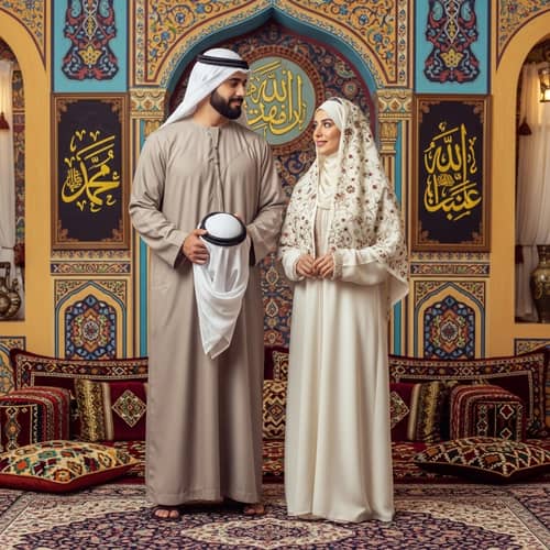 Middle-Eastern Muslim Couple in Traditional Clothing Sharing a Peaceful Moment