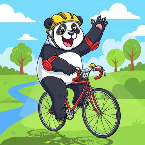 Playful Panda Bear Riding Bicycle - Vibrant Cartoonish Illustration