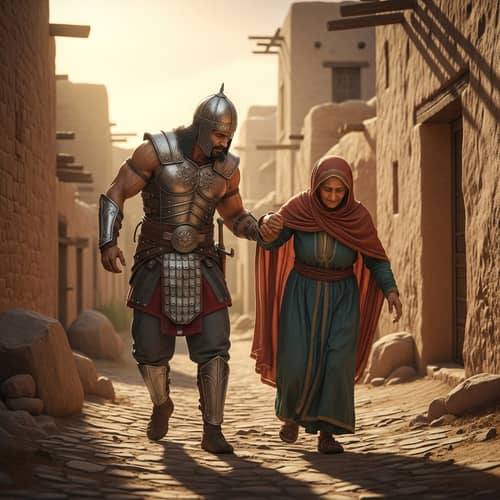 Compassionate Warrior Helping Elderly Woman - Serene Village Scene