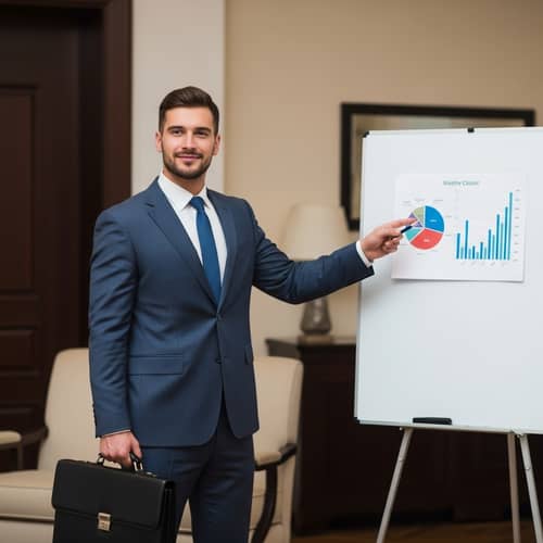 Confident Caucasian Male Salesman | Tailored Suit Briefcase Presentation