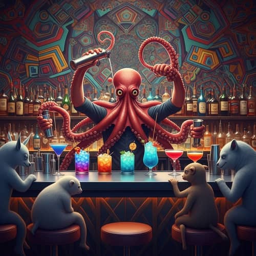 Psychedelic Six-Armed Bartender Mixing Colorful Cocktails