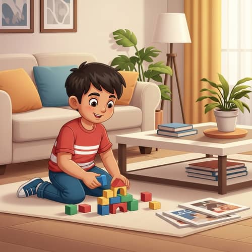 Young Hispanic Boy Playing Indoors with Building Blocks