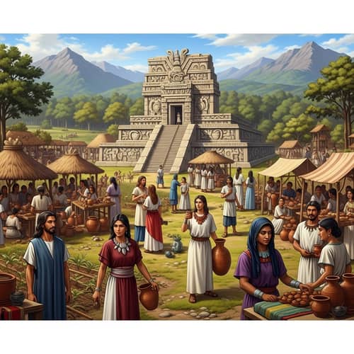 Elaborate Pre-Columbian Stone Temple and Bustling Marketplace Scene