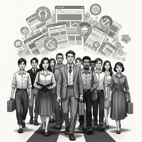 Vintage Black and White Digital Painting of Diverse Group of Pioneers