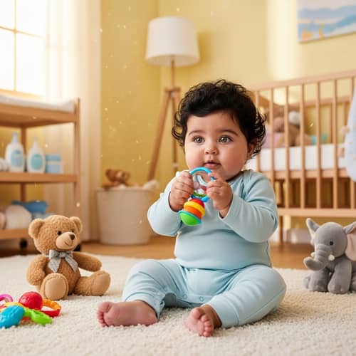 Adorable Middle-Eastern Baby in Blue Onesie | Nursery Scene
