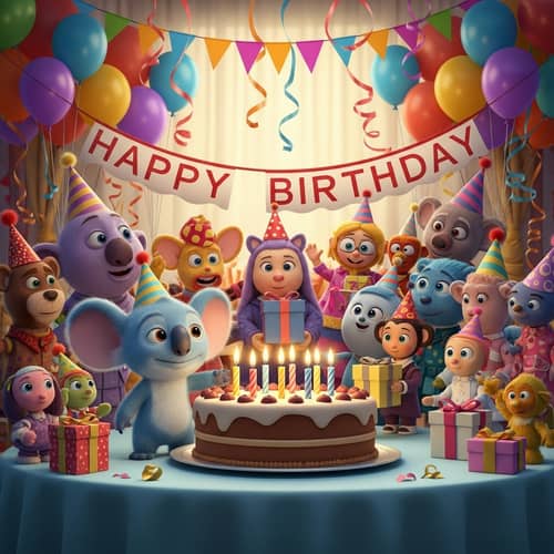 Happy Birthday Scene with Blue Koala-like Extraterrestrial Creature