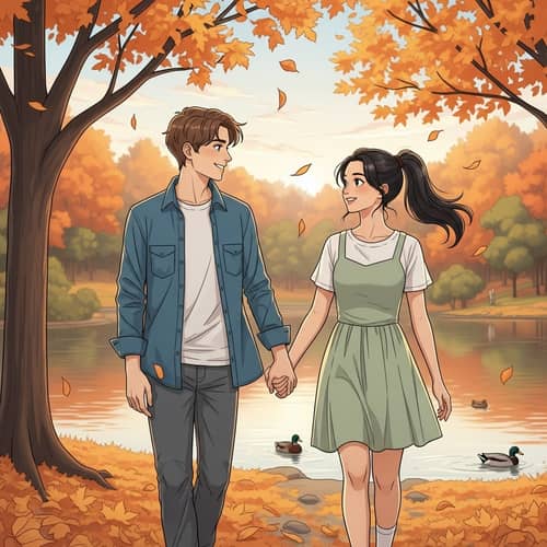 Innocent Young Love in Autumn Park | Joyful Couple Walking Hand in Hand